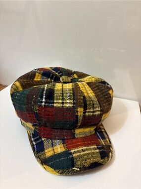 NWT Comhats Plaid Patchwork Newsboy Cap Baker Boy Hat Multicolor Size L Wool Ble